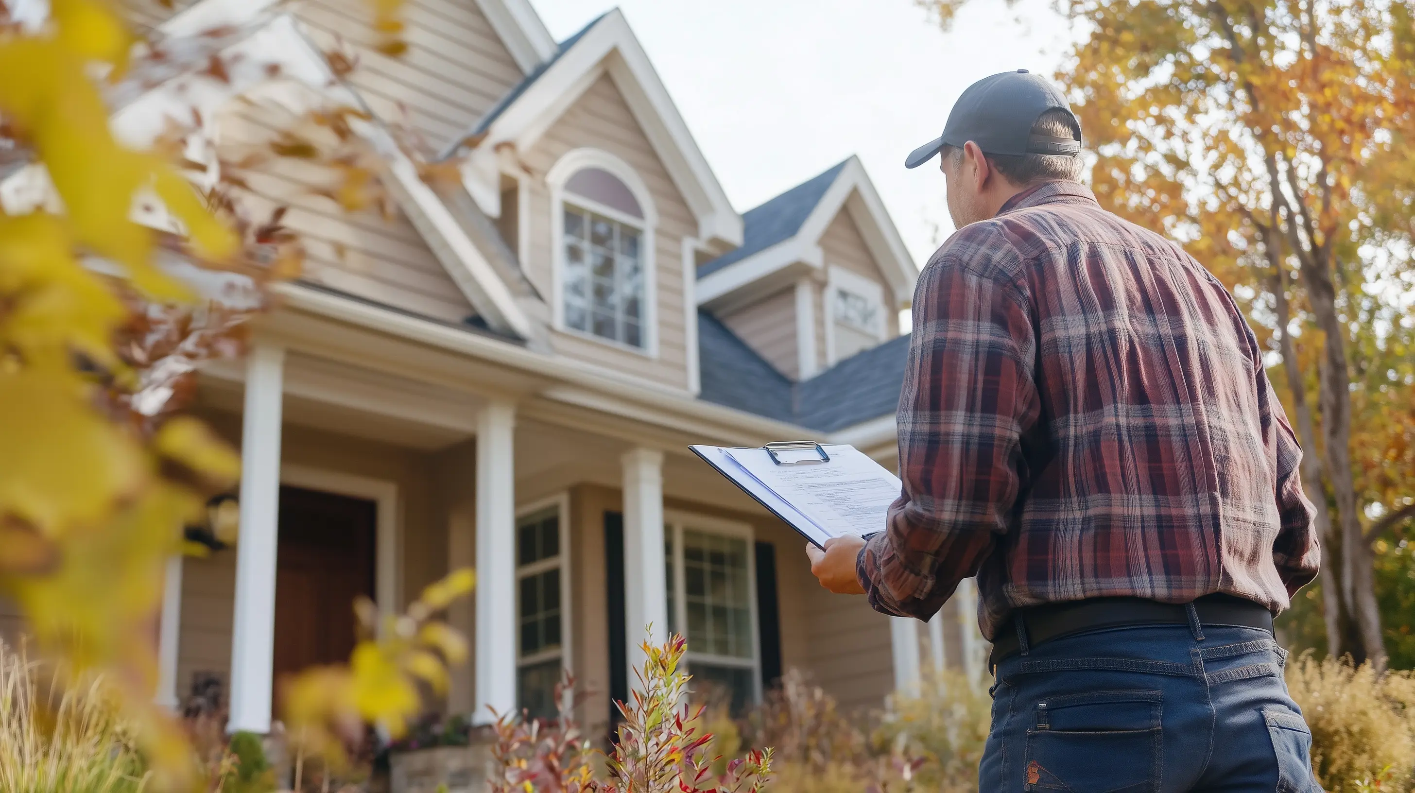A Property Pros field inspector reviewing a home with a clipboard